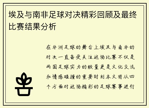 埃及与南非足球对决精彩回顾及最终比赛结果分析